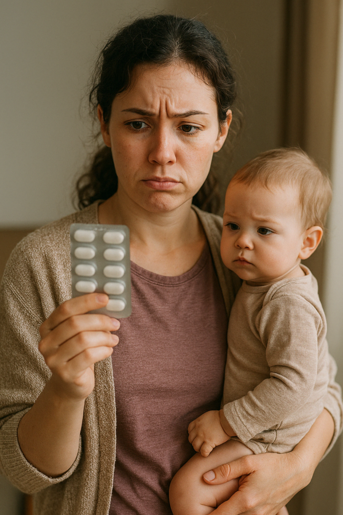 Mãe segurando um bebê no colo enquanto olha preocupada para uma cartela de medicamentos.